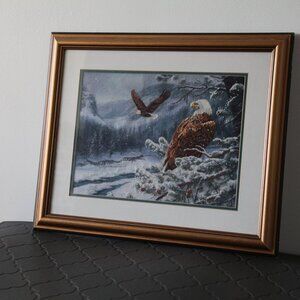 Professionally Framed Vintage Handmade Cross-Stich Landscape with Eagles
